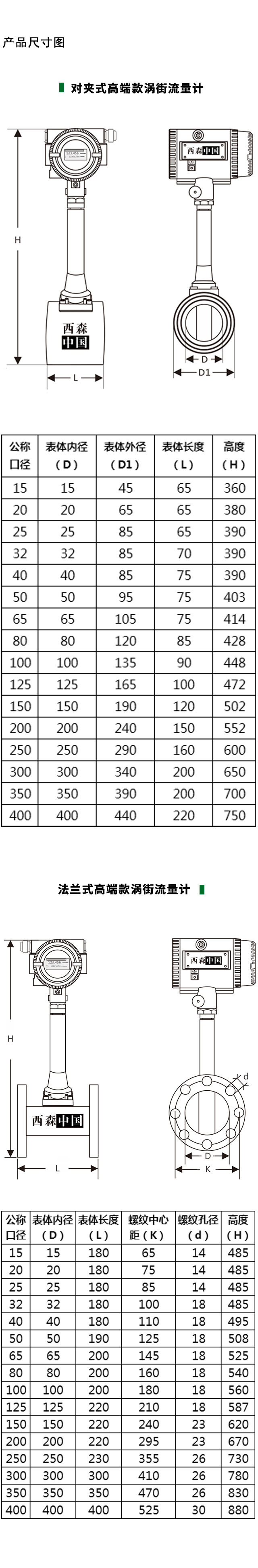 高端款渦街流量計產(chǎn)品尺寸