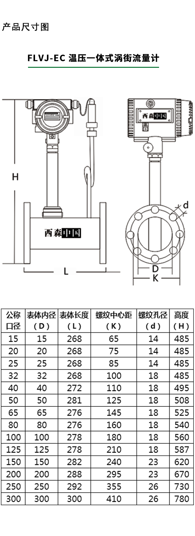 溫壓一體式渦街流量計產(chǎn)品尺寸